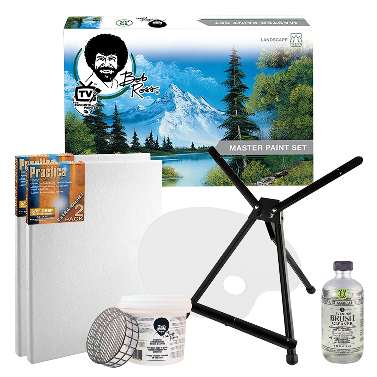 Bob Ross Master Paint Set Artist Bundle - Includes Travel Easel, Pre Stretched Painting Canvas, Natural Brush Cleaner, Clear Acrylic Palette, and Cleaning Bucket & Screen